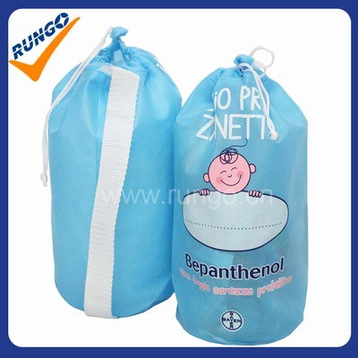 Italy market cylinder-shaped blue non woven drawstring bag for baby diapers with custom logo