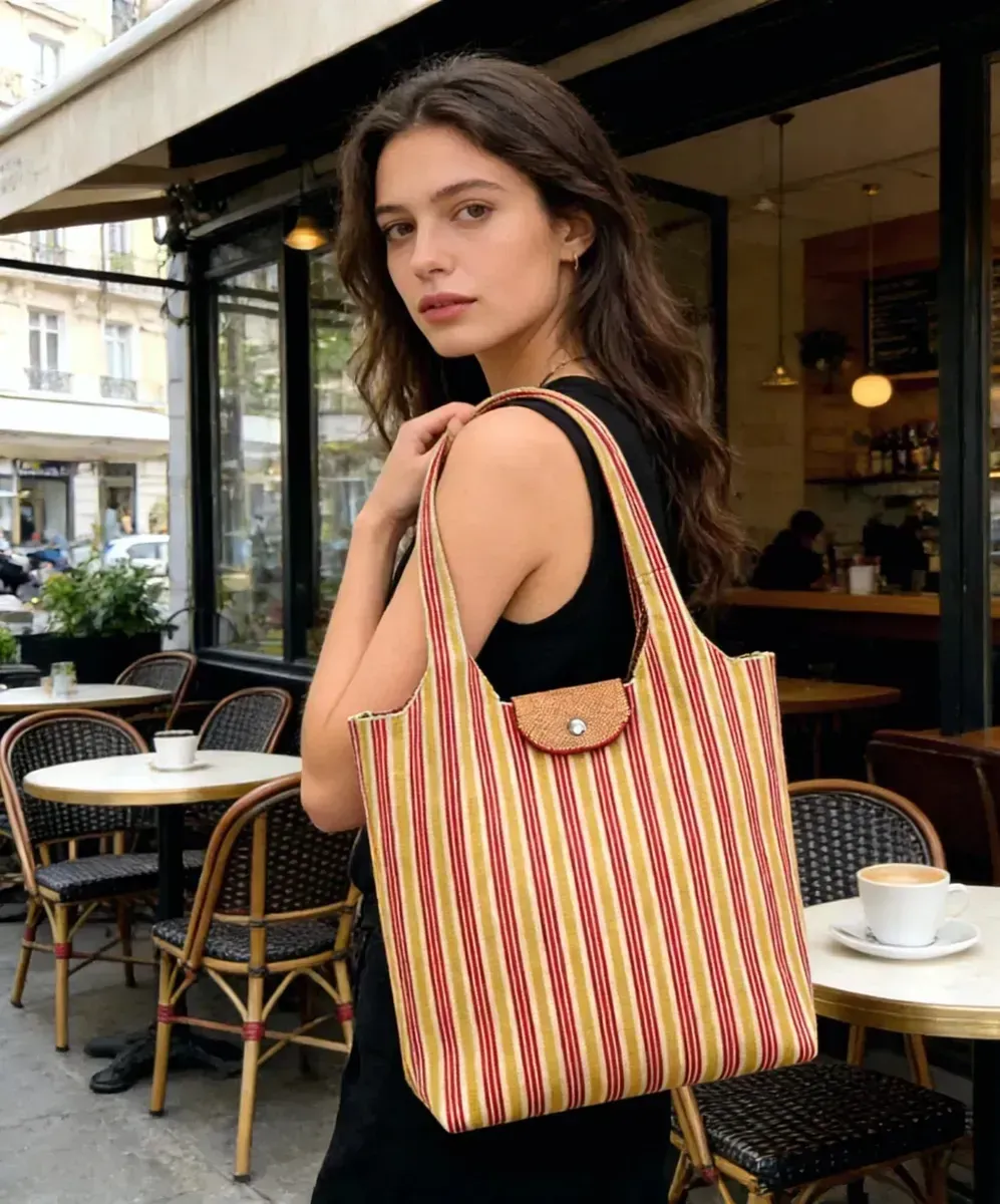 Wholesale Recycled Polyester Classic Stripes Design Knitted Tote Bag with Pocket for Grocery Shopping Custom Logo OEM - FS-003